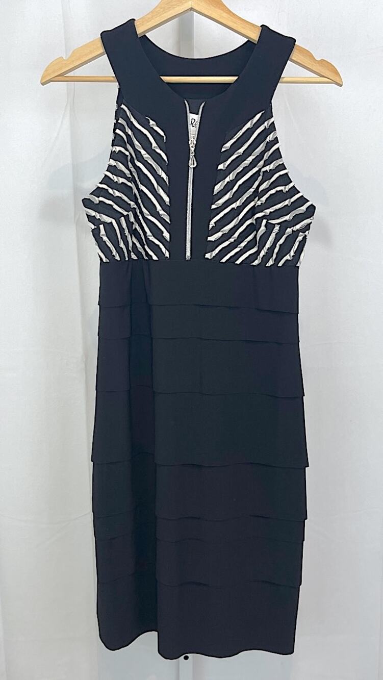 JOSEPH RIBKOFF Zip Neck Sleeveless Dress Tiered Sheath Black White Size 6